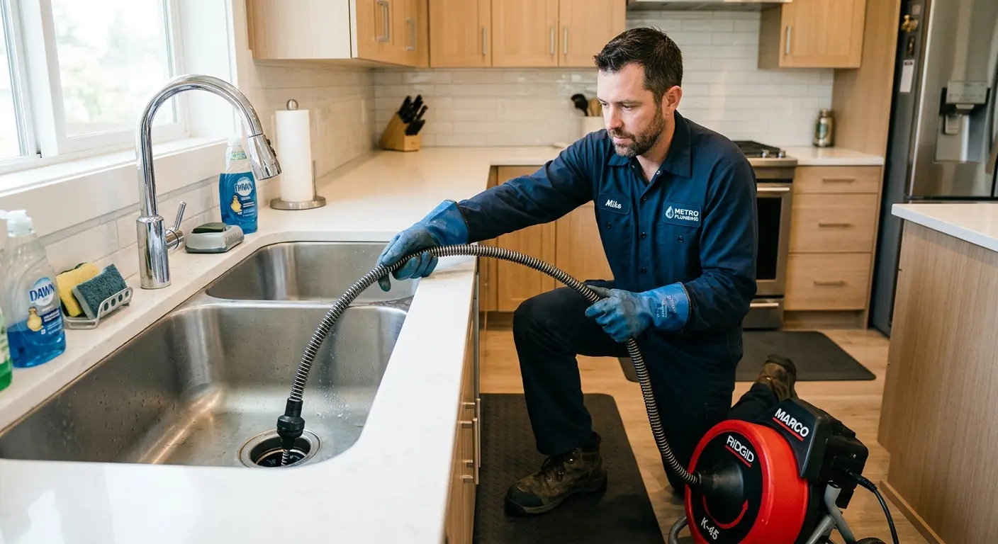 Drain cleaning technician using a motorized snake on a kitchen sink in Du Quoin