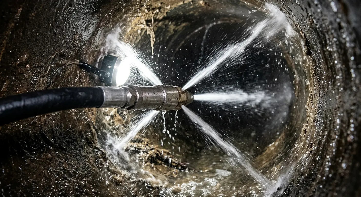 High-pressure hydro jetting nozzle cleaning sewer pipe for Emergency Drain Service in Du Quoin