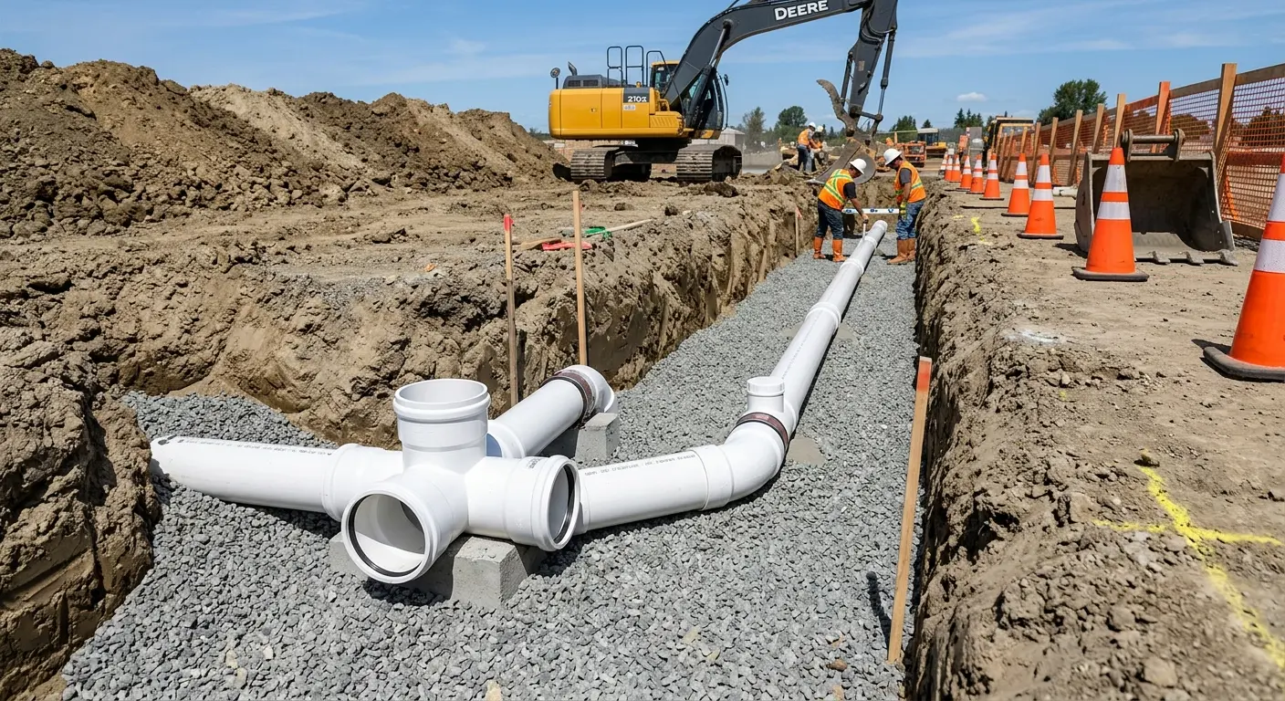 New PVC sewer pipe installation in open trench for Grease Trap Cleaning in Du Quoin
