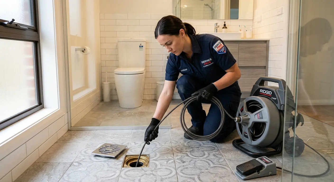 Technician clearing a bathroom floor drain for Hydro Jetting in Du Quoin